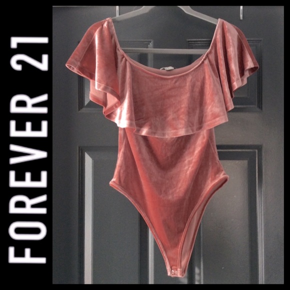 F21 Velvet Off Shoulder Flounce Bodysuit - Picture 3 of 7